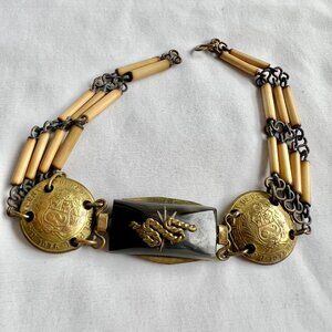 Unique Vintage Bamboo Gold Tone Coin Black Resin Artisan Bracelet